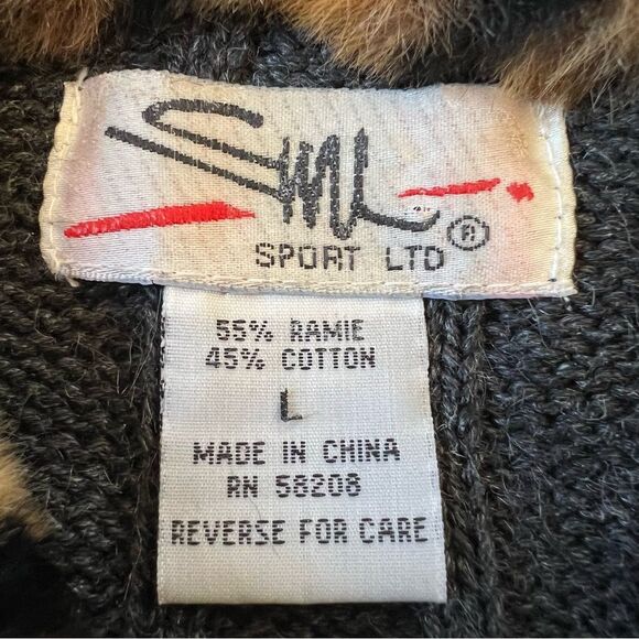 VTG Y2K SML Sweater Grey Ramie Blend Leopard Faux Collar Snap Front Flaw SZ L - Picture 5 of 11